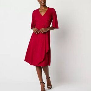 Robbie Bee Womens Short Sleeve Shimmer MIDI Fit + Flare Dress, Small, Red